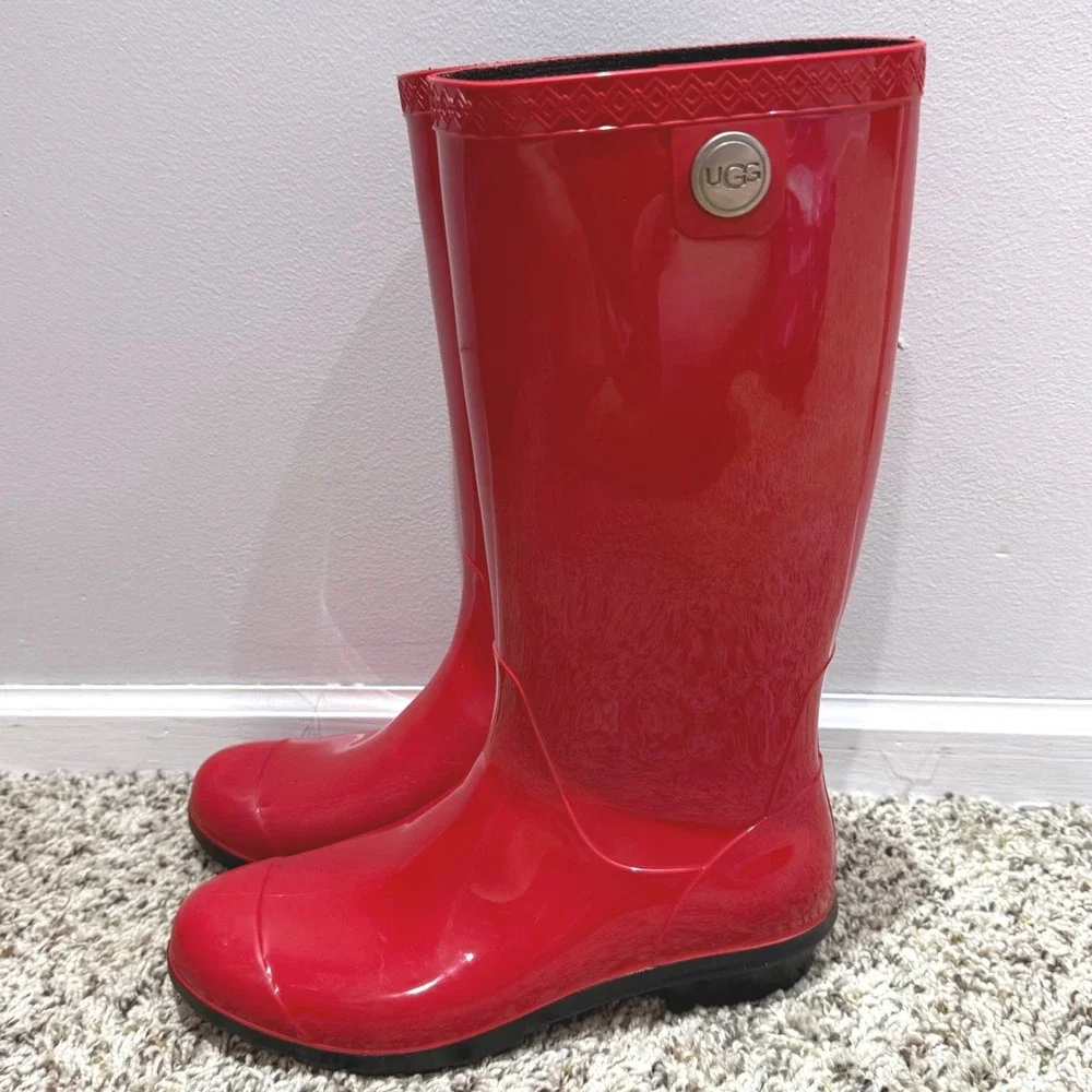 UGG Shaye Red Glossy Tall Waterproof Rain Boots Womens Lug Sole 1012350